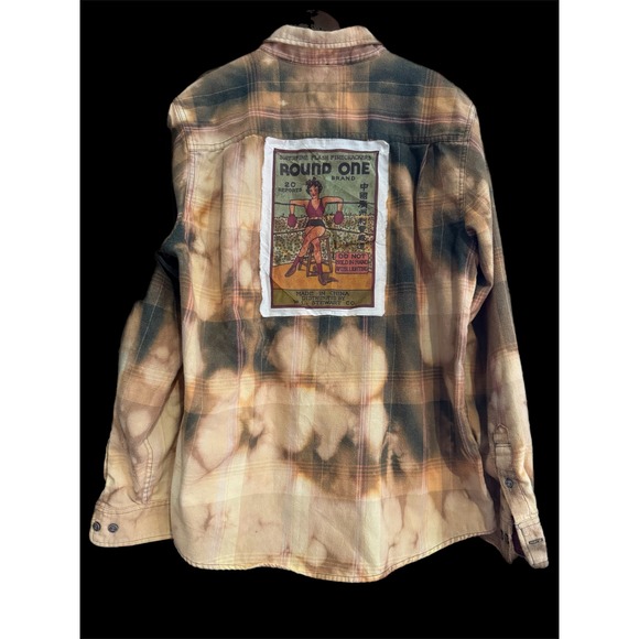Upcycled Flannel Shirt M Firecracker Graphic Folk Art One of One - Picture 3 of 9